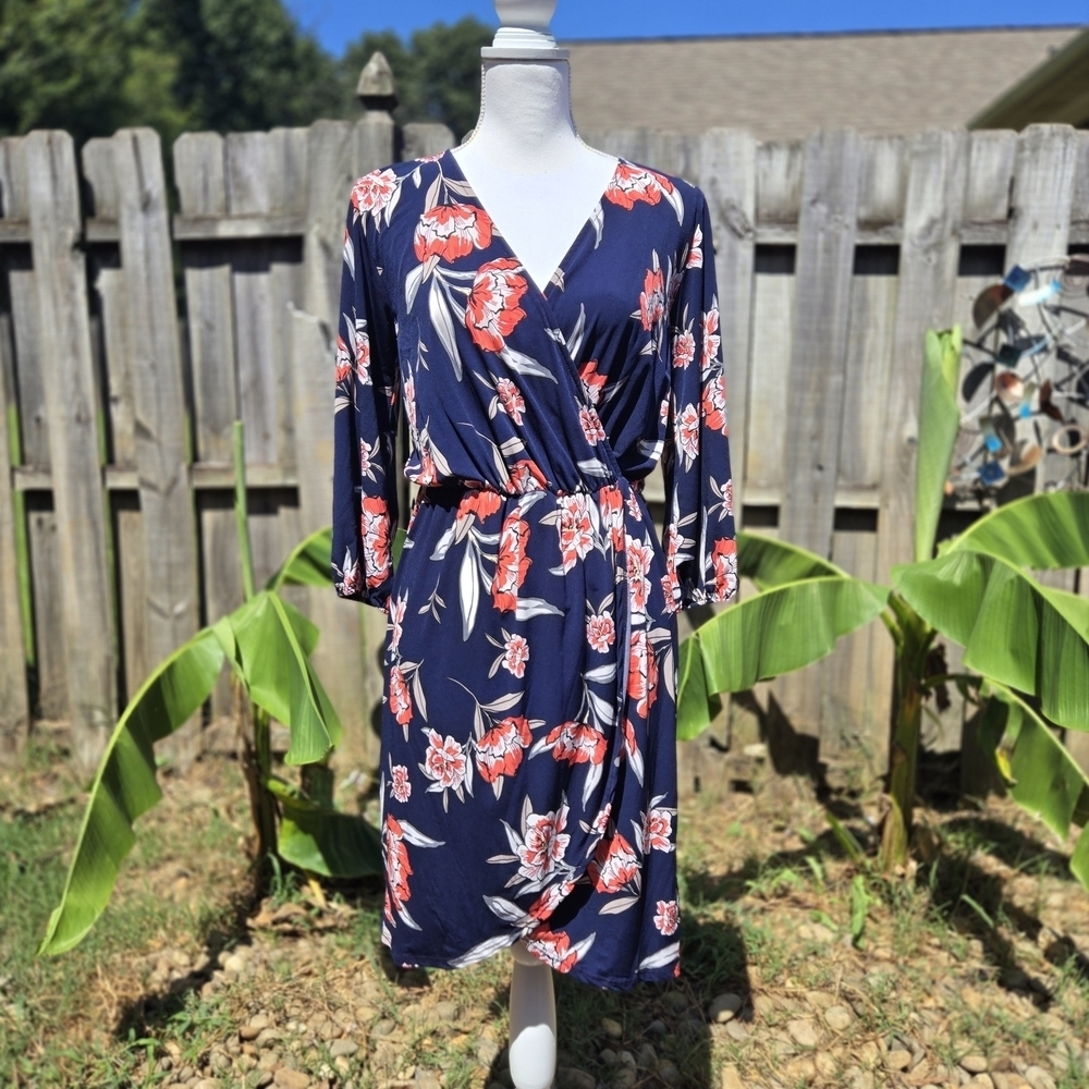 Gilli Small Navy & Coral Floral Midi Wrap Dress Elastic Waist Flattering Flowy